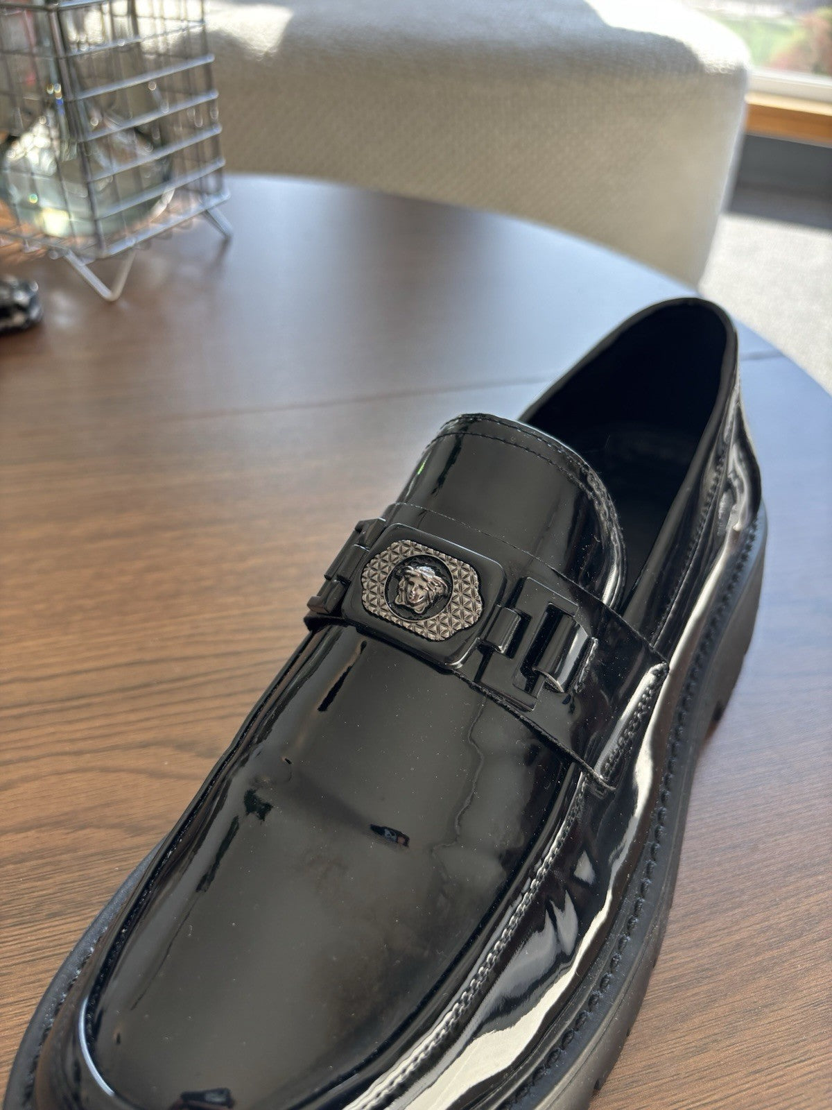 NEW Designer MEDUSA LOGO Black Patent Finish Dress Shoes Men Size 9.5 (org $685)