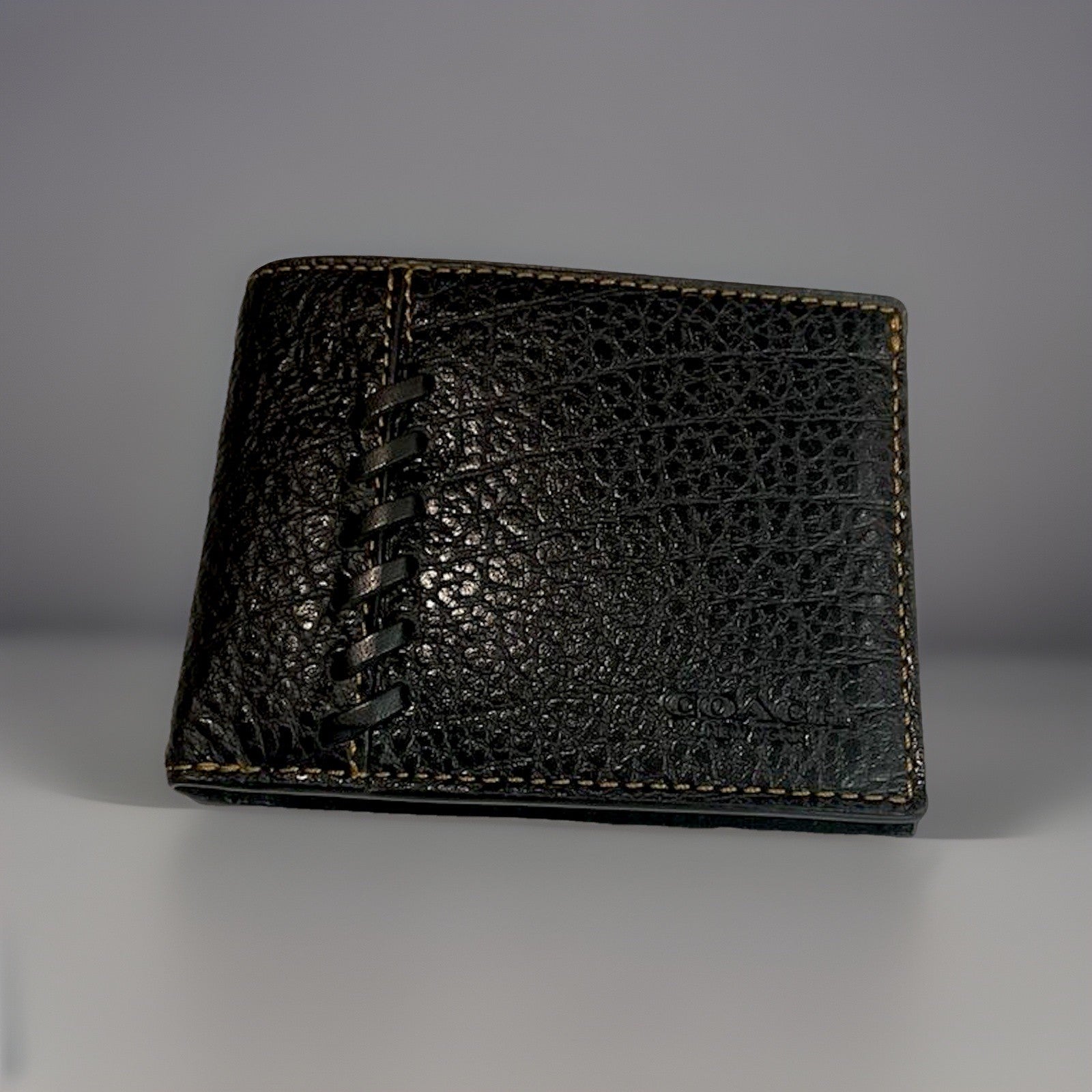 COACH Wallet Baseball 3 In 1 Whipstitch Black Calf Leather Billfold ID Window