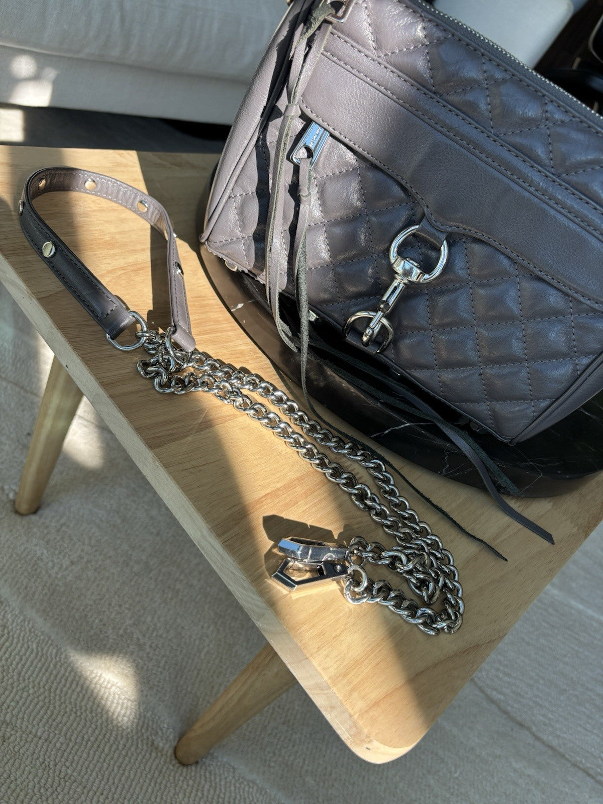 REBECCA MINKOFF Mini MAC Gray Quilted Leather Zip Crossbody Bag Chain (org $430)