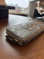 COACH Metallic Leather Stripe/Medallion Zip Around Wallet Charcoal Gray Silver