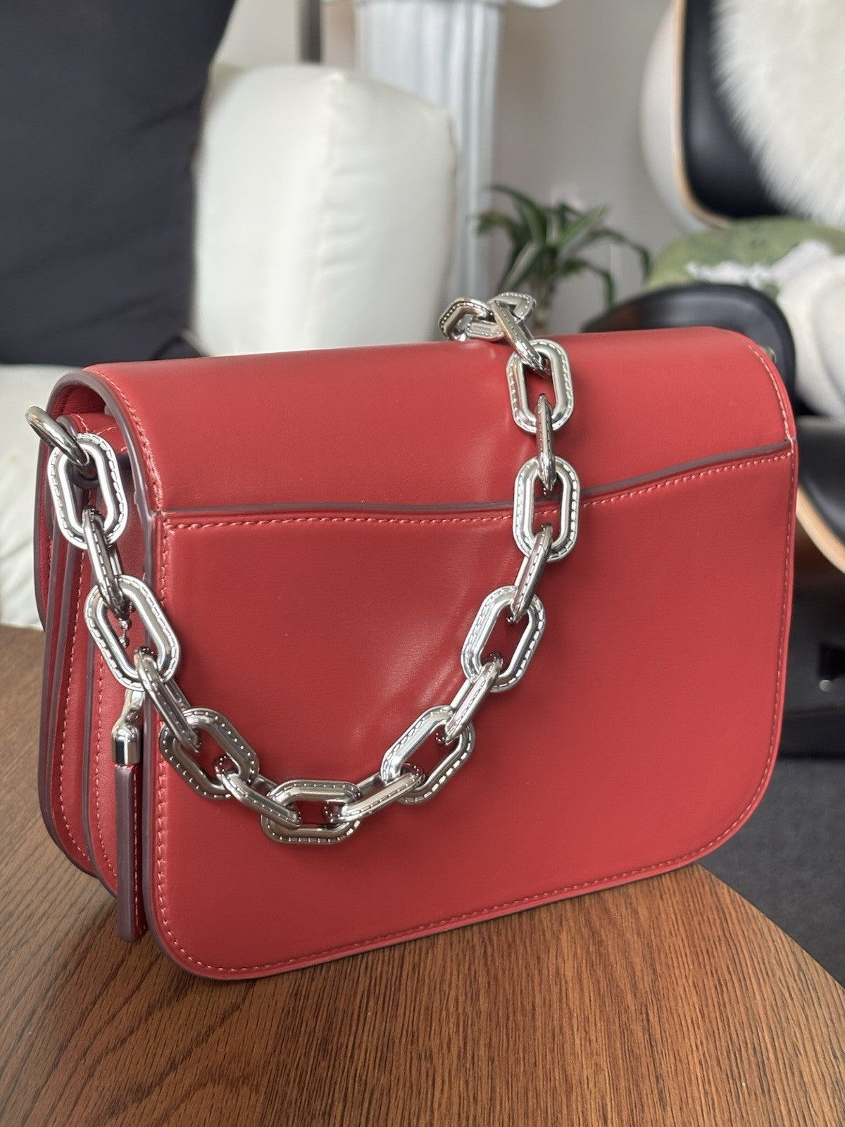 COACH Idol Red Leather Logo Plaque Chain Shoulder Bag Crossbody Strap (org $695)