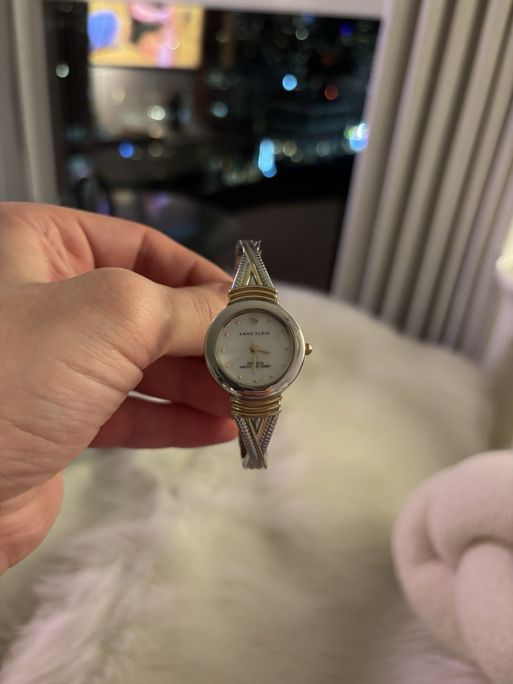 Real Diamond Mother Pearl Silver Gold Bangle Anne Klein Women Quartz 6.8” Watch