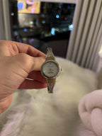 Real Diamond Mother Pearl Silver Gold Bangle Anne Klein Women Quartz 6.8” Watch