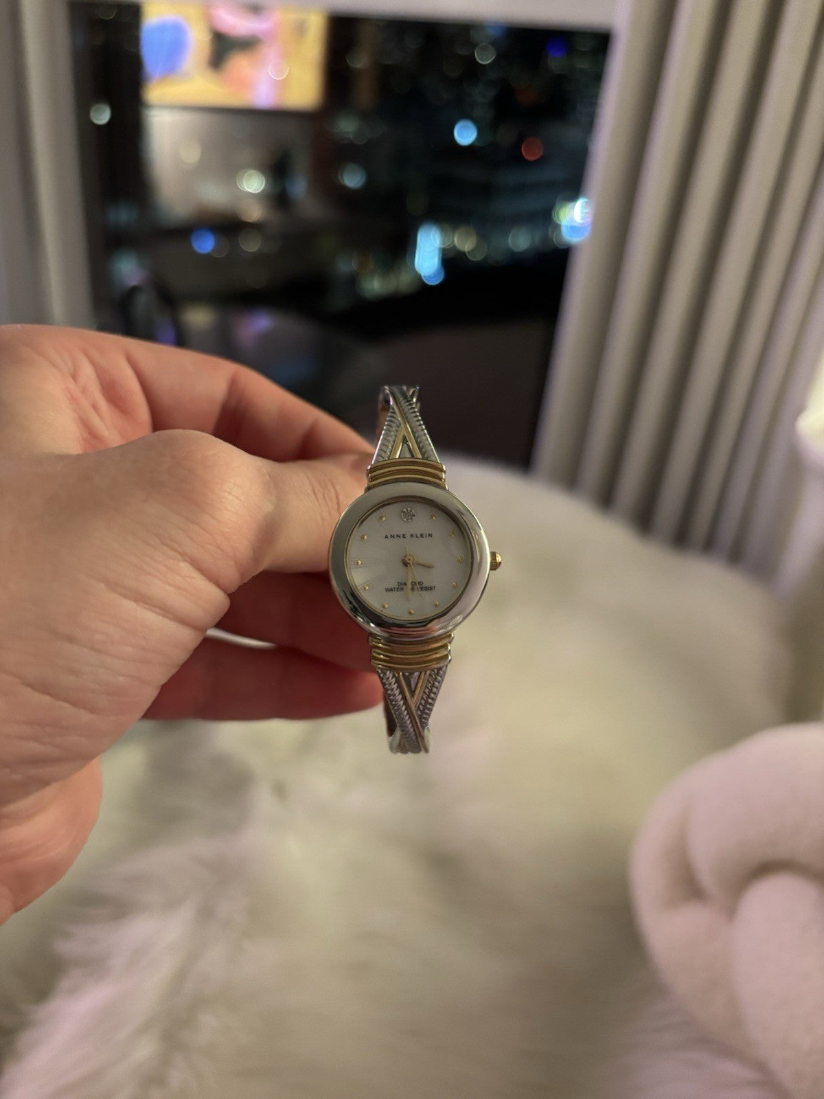 Real Diamond Mother Pearl Silver Gold Bangle Anne Klein Women Quartz 6.8” Watch