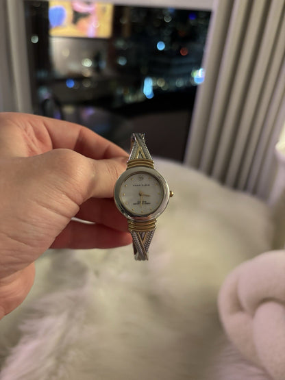 Real Diamond Mother Pearl Silver Gold Bangle Anne Klein Women Quartz 6.8” Watch