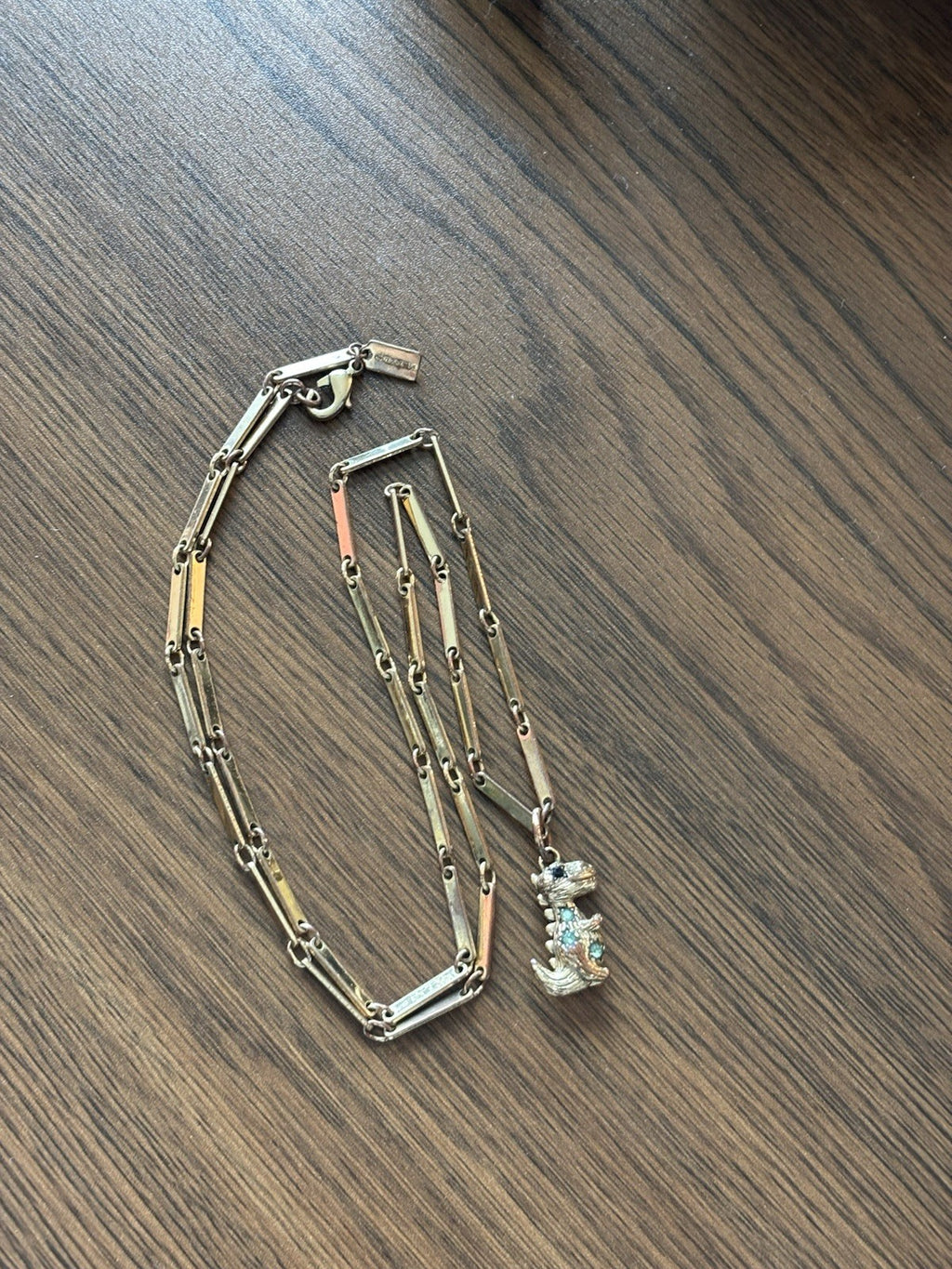 COACH Rare Rexy Dinosaur Pendant Necklace Gold Tone Crystal Bar Chain (org $150)