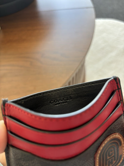 COACH ID Card Case Charcoal Red Signature Wallet Credit/Business Card Holder