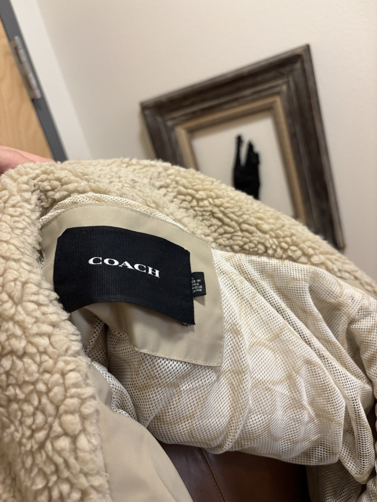 New COACH Runway Sherpa Fur Coat Jacket Zip Signature Print Cream Size L ($695)