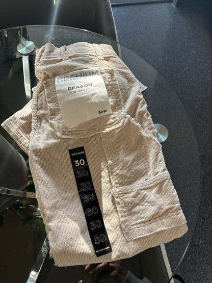 NWT REASON Mens Beige Distressed Pocket Premium Denim Straight Fit Jeans Size 30