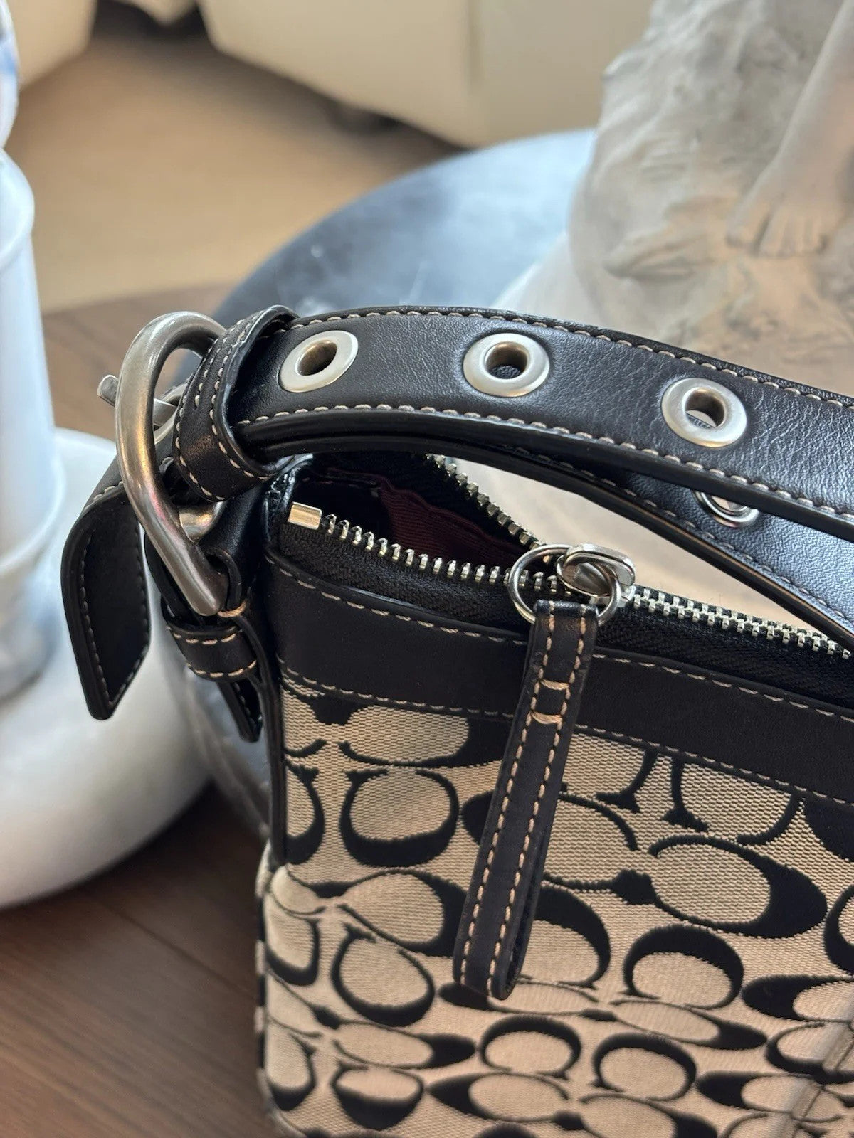 COACH Vintage Bucket Bag Handbag Black Leather Canvas Adjusting Strap (org $350)