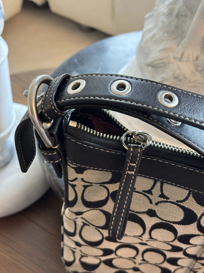 COACH Vintage Bucket Bag Handbag Black Leather Canvas Adjusting Strap (org $350)