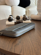 COACH Metallic Leather Stripe/Medallion Zip Around Wallet Charcoal Gray Silver