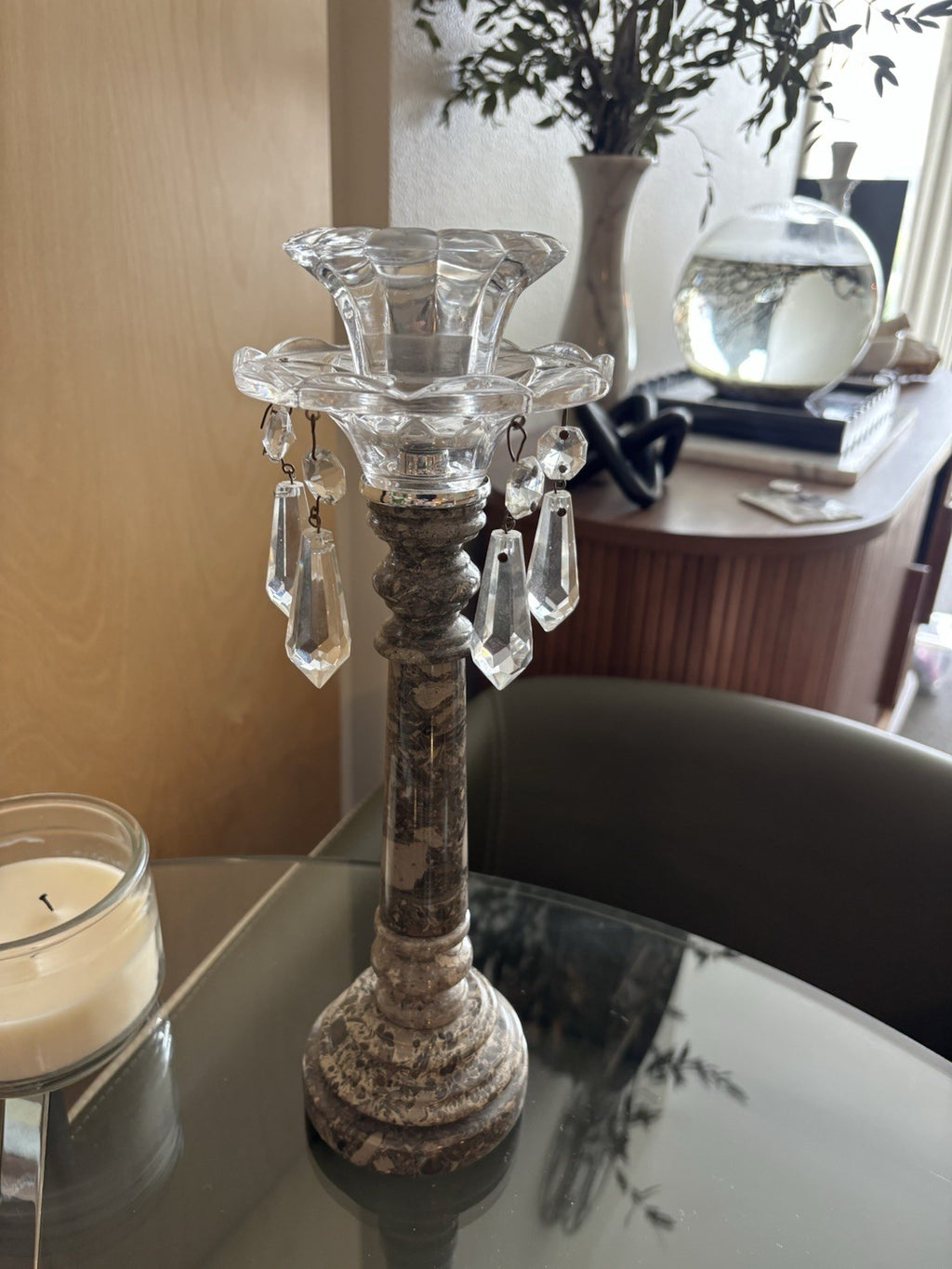 VINTAGE Hollywood Regency Gray Marble & Clear Crystal Candlestick Candle Holder