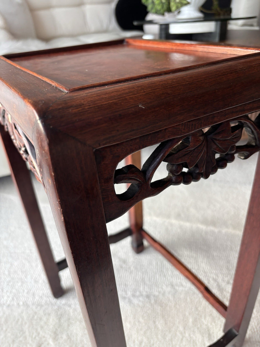 ANTIQUE Chinese Rosewood Pedestal Stand Carved Hardwood Plant Tea Side Table