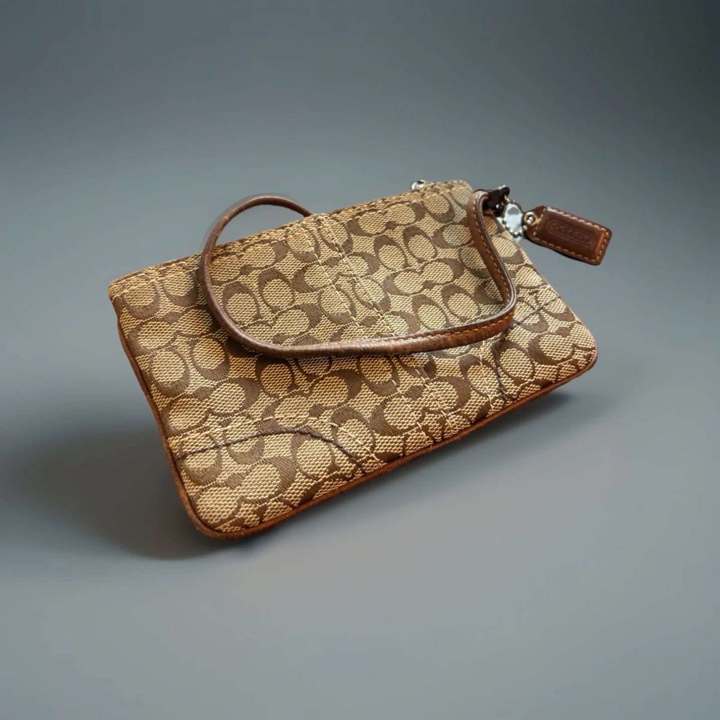 COACH Designer Tan Brown Signature Wristlet Zip Pouch Wallet Leather (org $75)