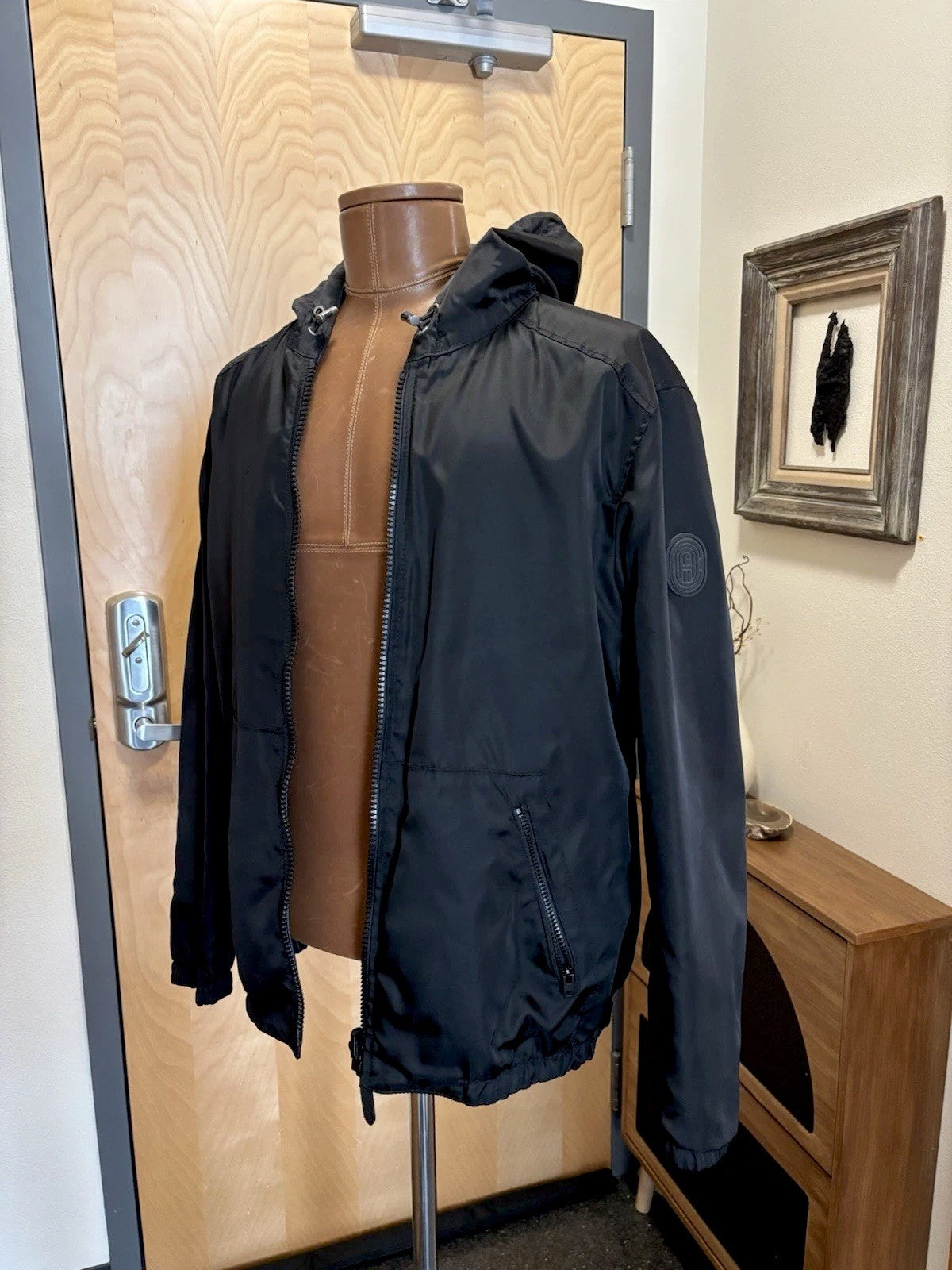 Designer COACH Lamb Leather Jacket Reversible W/ Hood Navy/BLK Sz 48 (Org $1295)