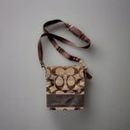 COACH Signature Jacquard Canvas Leather Trim Messenger Crossbody Bag Brown/Beige