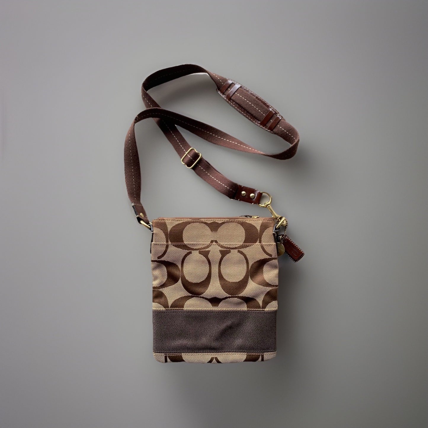 COACH Signature Jacquard Canvas Leather Trim Messenger Crossbody Bag Brown/Beige