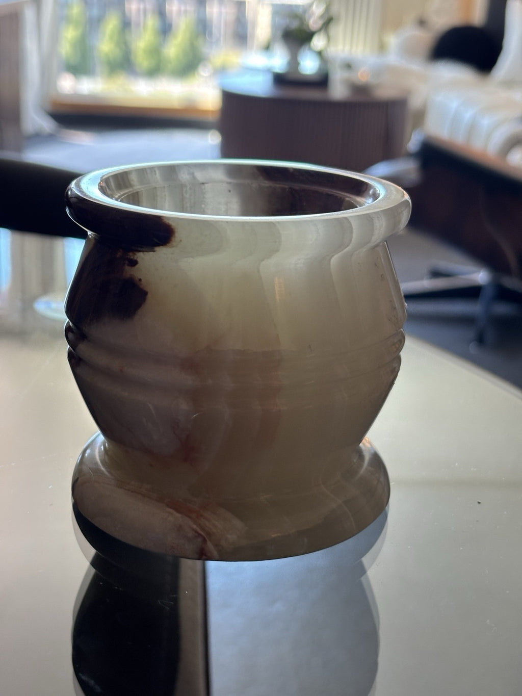 VINTAGE Banded Onyx Stone Candle Holder Green Brown White Natural Marble 3.5 in