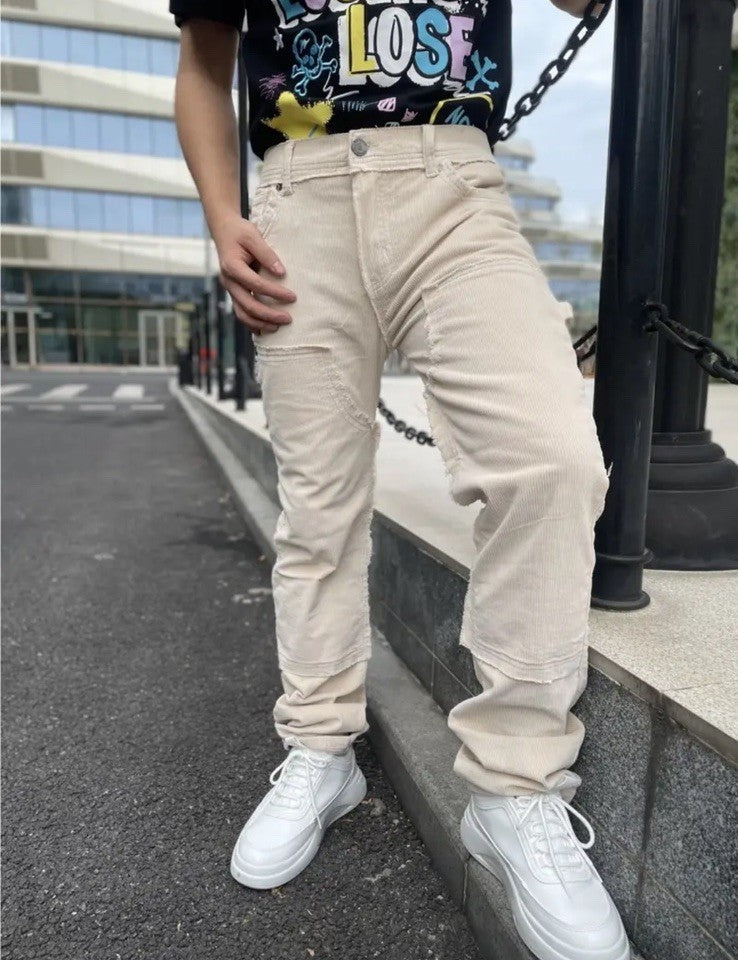 NWT REASON Mens Beige Distressed Pocket Premium Denim Straight Fit Jeans Size 30