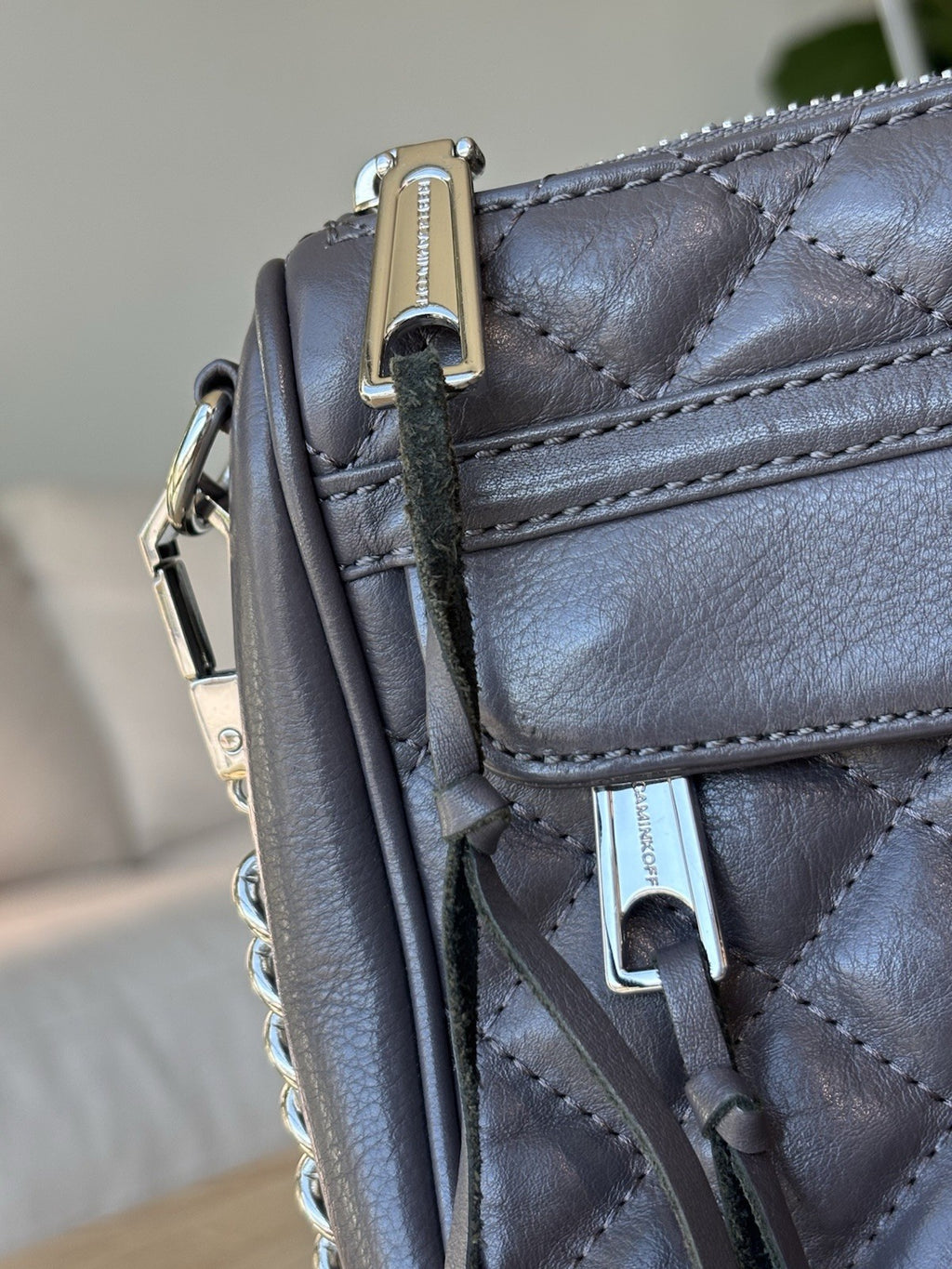 REBECCA MINKOFF Mini MAC Gray Quilted Leather Zip Crossbody Bag Chain (org $430)