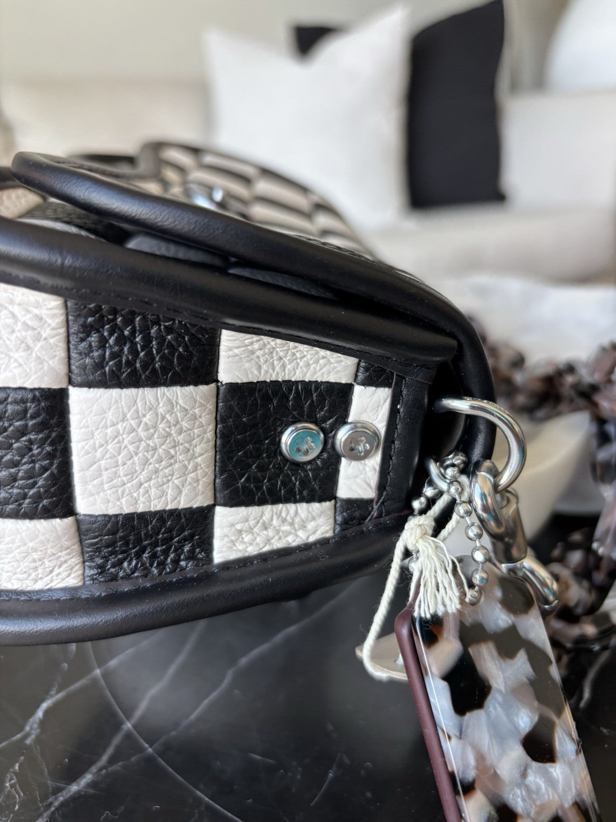 COACH Coachtopia Wavy Dinky Crossbody Bag Black/white Checkerboard Check Leather