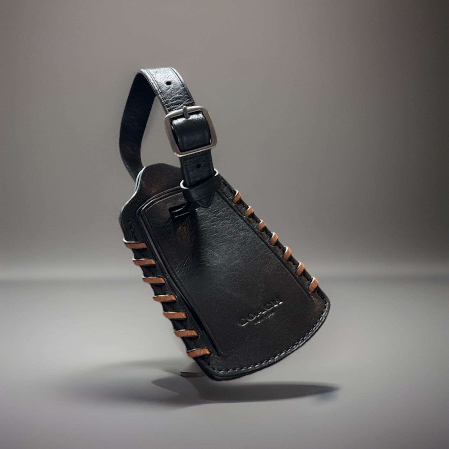 Coach Rip and Repair Luggage Tag Black Sport Calf Cow Leather Saddle Whipstitch