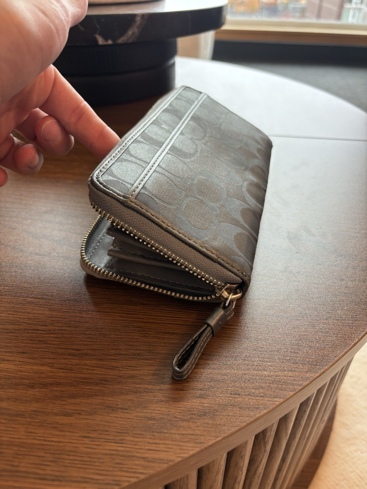 COACH Metallic Leather Stripe/Medallion Zip Around Wallet Charcoal Gray Silver