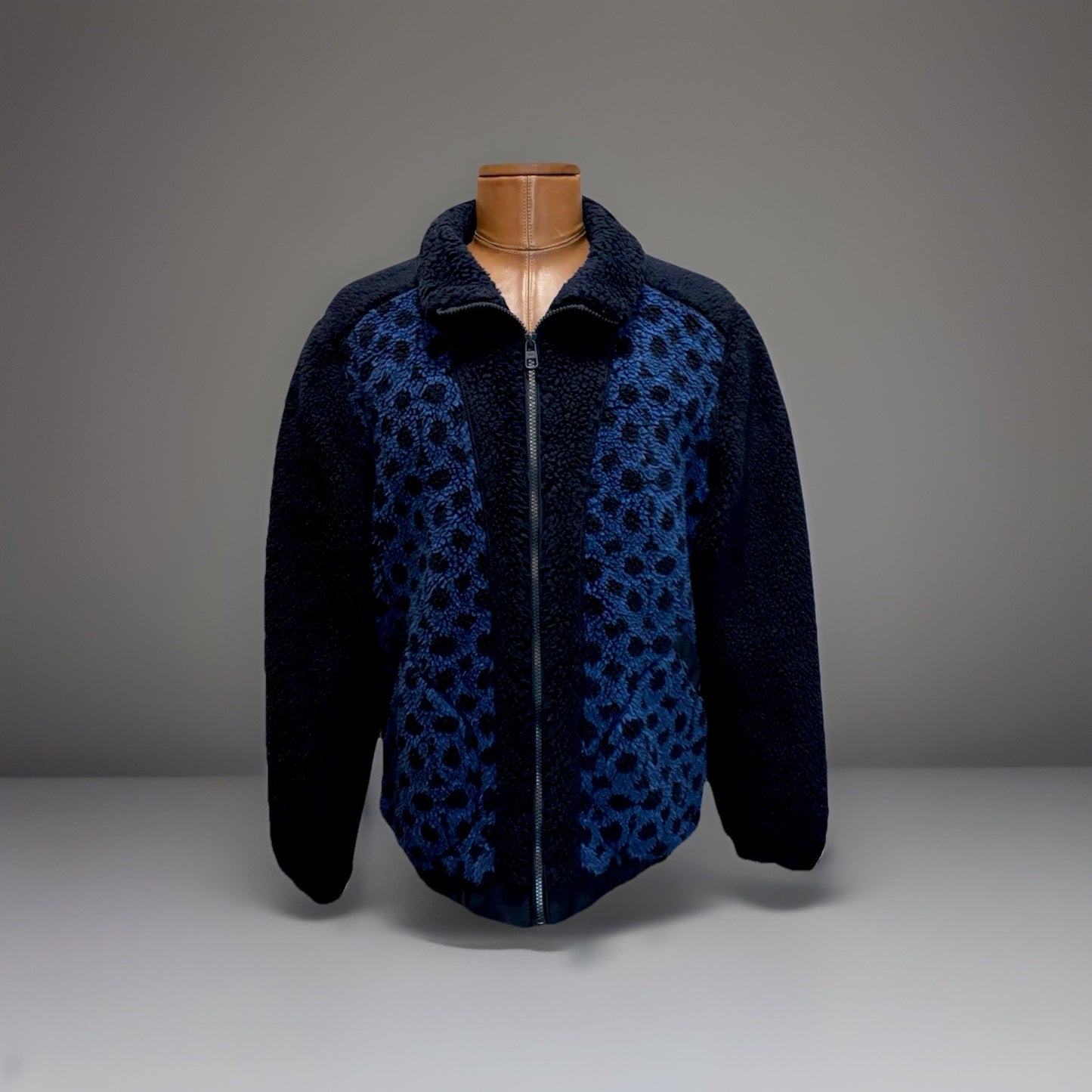 New COACH Runway Sherpa Fur Coat Jacket Zip Signature Print Blue Size L ($695)