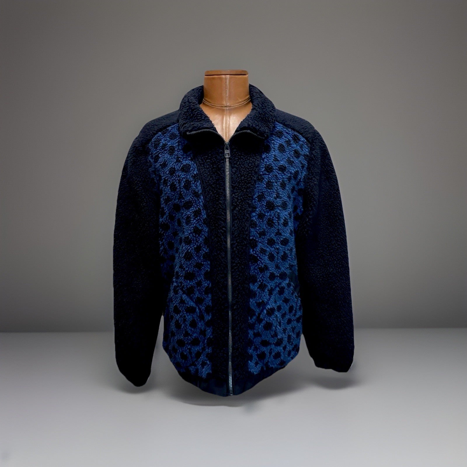 New COACH Runway Sherpa Fur Coat Jacket Zip Signature Print Blue Size L ($695)