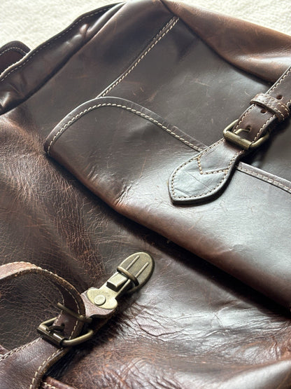 VINTAGE Classic Real Cow Hide Leather Backpack Daypack Brass Hardware Buckles