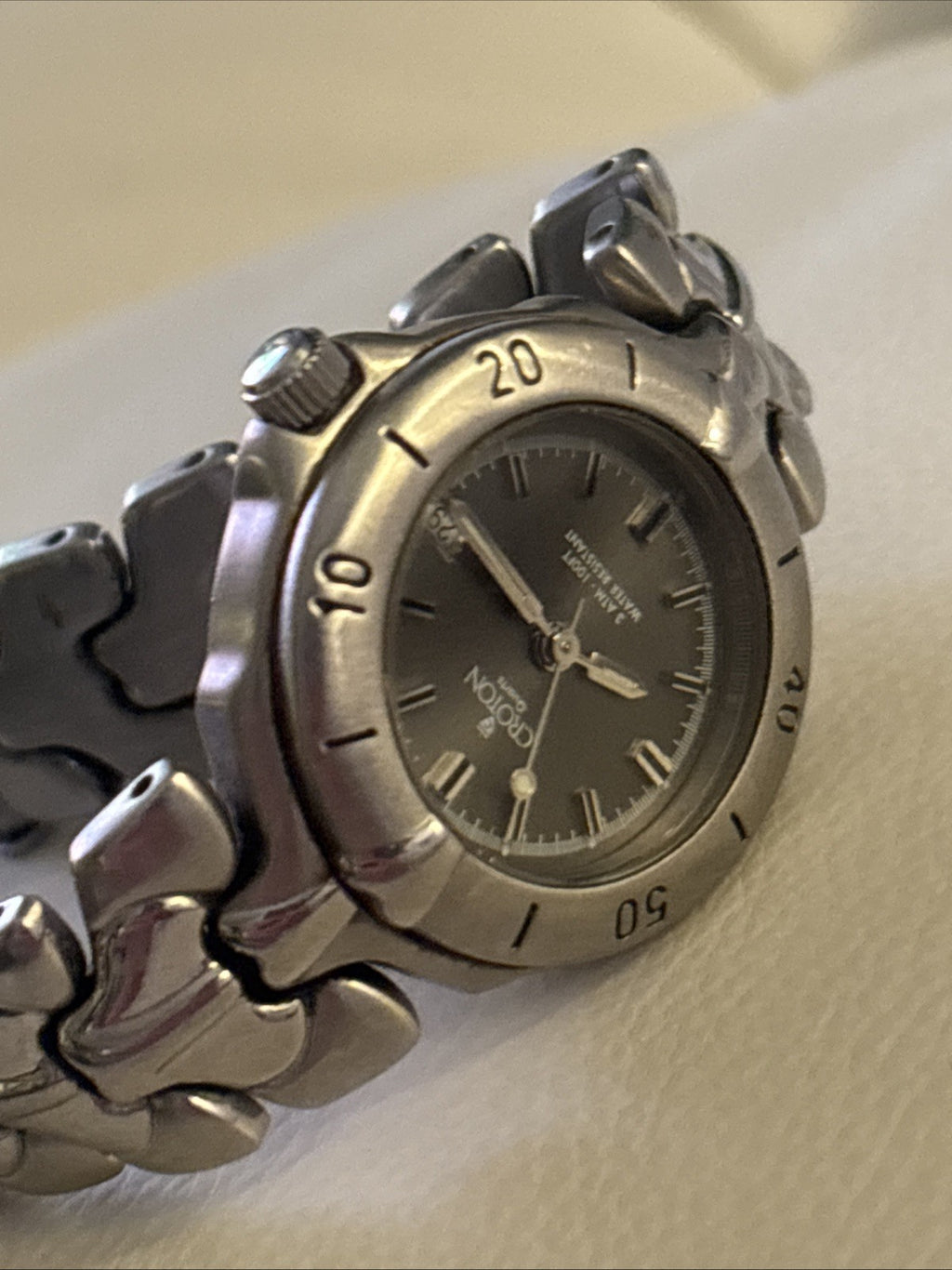 VINTAGE Croton Diamond Accent Quartz Watch Gunmetal Dial 36mm Sculpted Bracelet