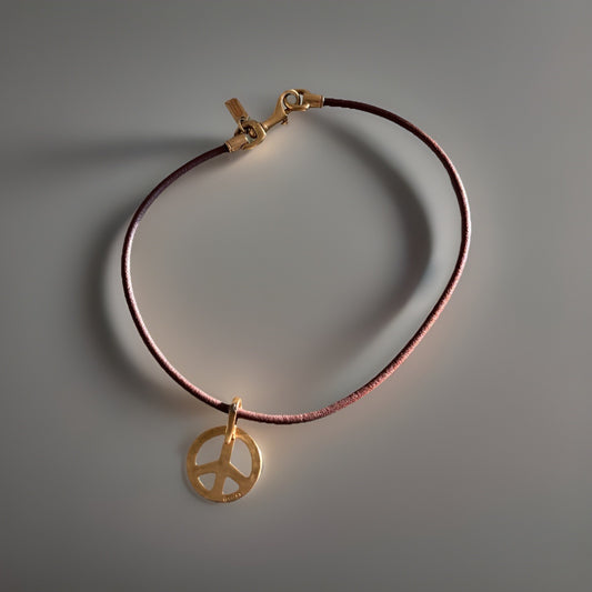 Vintage COACH Brown Leather Cord Gold Brass Peace Sign Pendant Necklace 14 inch