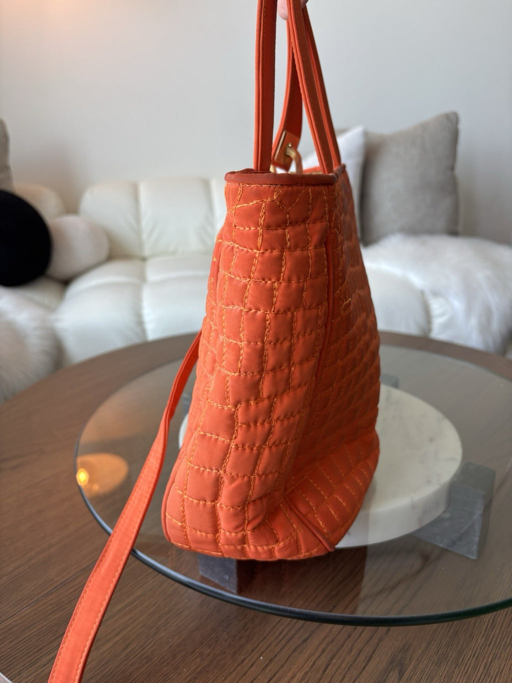 VALENTINO “Orlandi” Orange Quilted Nylon Handbag Gold Charm Italy (org $595.00)