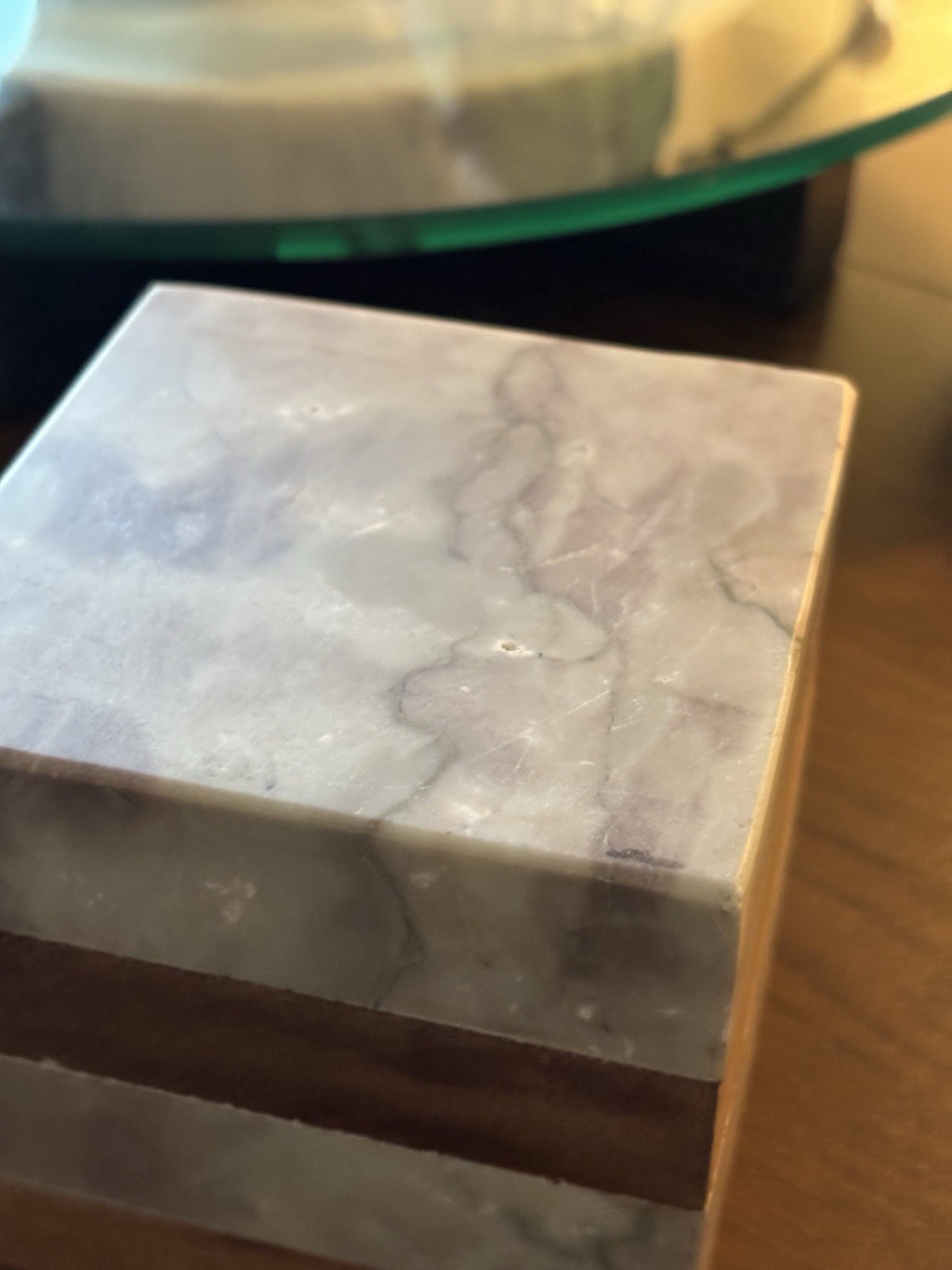 MARBLE Stone & Wood Geometric Paperweight 4” Gray White Brown Heavy Modern Decor