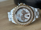 DISNEY Mickey Mouse Rose Gold Crystal White Link Watch Full Length Needs Battery