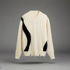 ZARA Cable Knit Crew Sweater Contrasting Cream Black Distressed Size L (org $70)