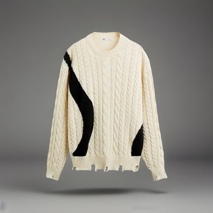 ZARA Cable Knit Crew Sweater Contrasting Cream Black Distressed Size L (org $70)
