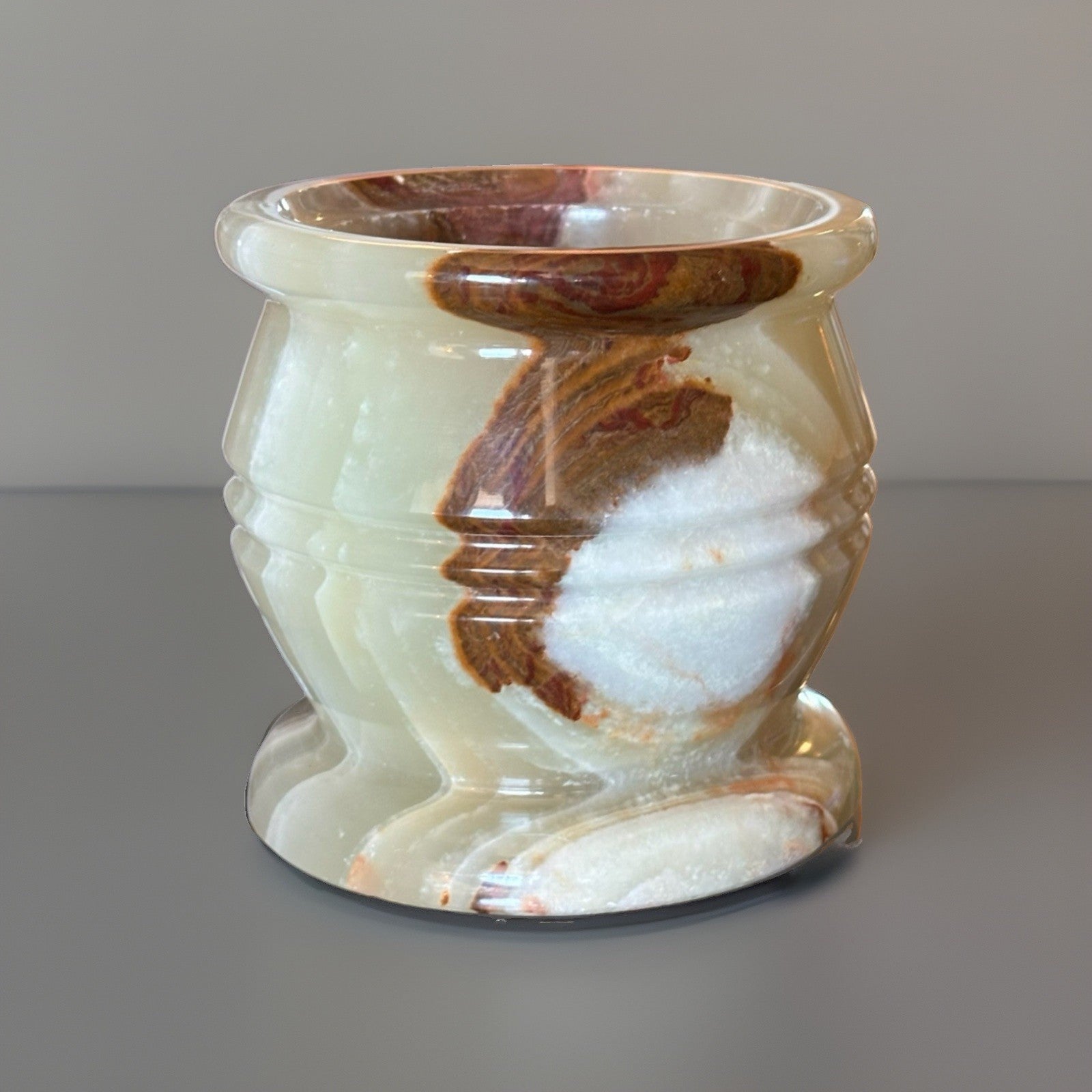 VINTAGE Banded Onyx Stone Candle Holder Green Brown White Natural Marble 3.5 in