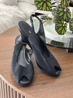 VANELI Black Suede Leather Wedge Sandals Peep Toe Leather Heels Women Size 8.5 M