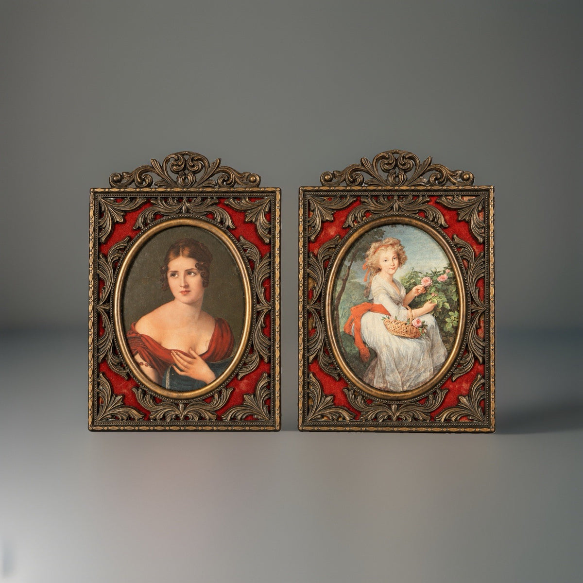1951 VINTAGE Italian Portrait Frames Set of 2 Brass Filigree & Red Velvet 5x8”