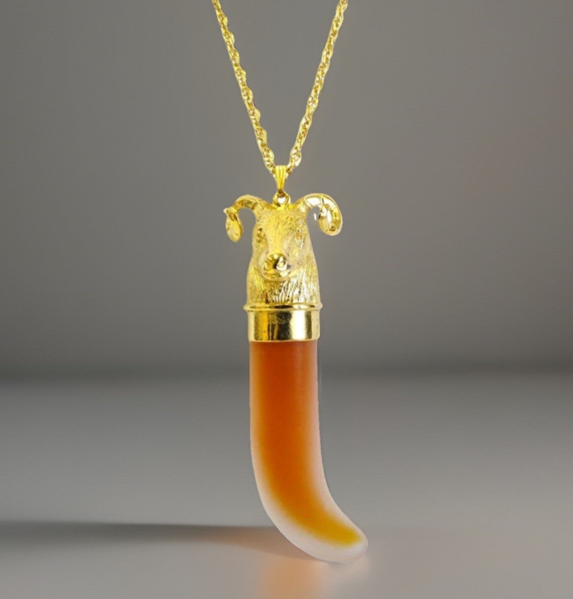 RARE 1970s Ciara Gold Ram Head Perfume Necklace Charles Revson Horn Bottle Chain