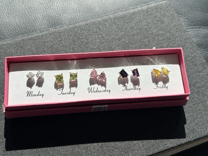 NWT AVON Days of the Week Cubic Zirconia Earrings Pink Purple Green Real Stones