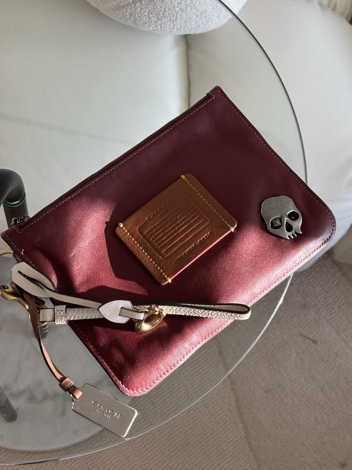 Custom COACH Create Skull Pins On Rogue Wristlet Burgundy Leather Medium Zip Top