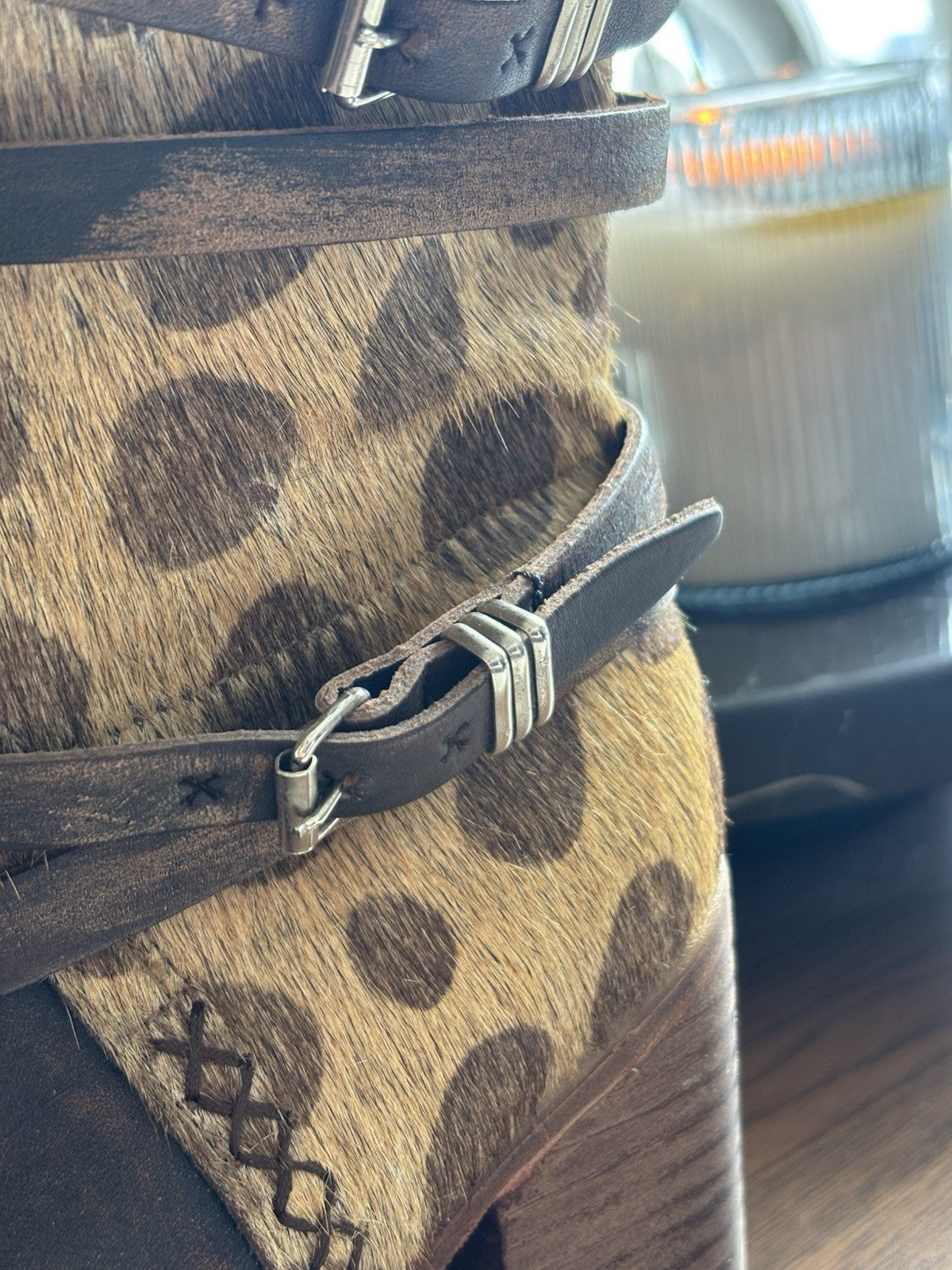 NEW Freebird STEVEN BAKER Zip Boots Brown Leopard Print Pony Hair Belted Women 8