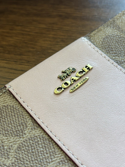 Designer COACH Zip Wristlet Signature Khaki/Tan Canvas Blush Pink Leather Stripe