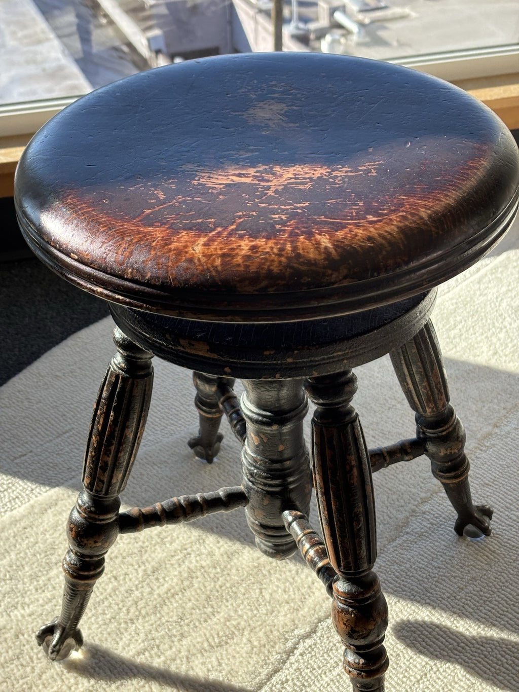 ANTIQUE 1879 Victorian Piano Stool Solid Dark Wood Swivel Glass Ball Claw Foot