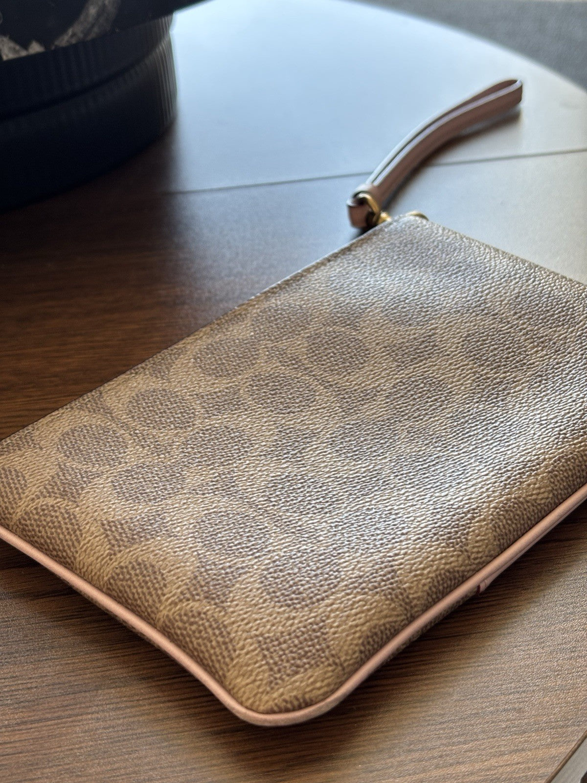 Designer COACH Zip Wristlet Signature Khaki/Tan Canvas Blush Pink Leather Stripe