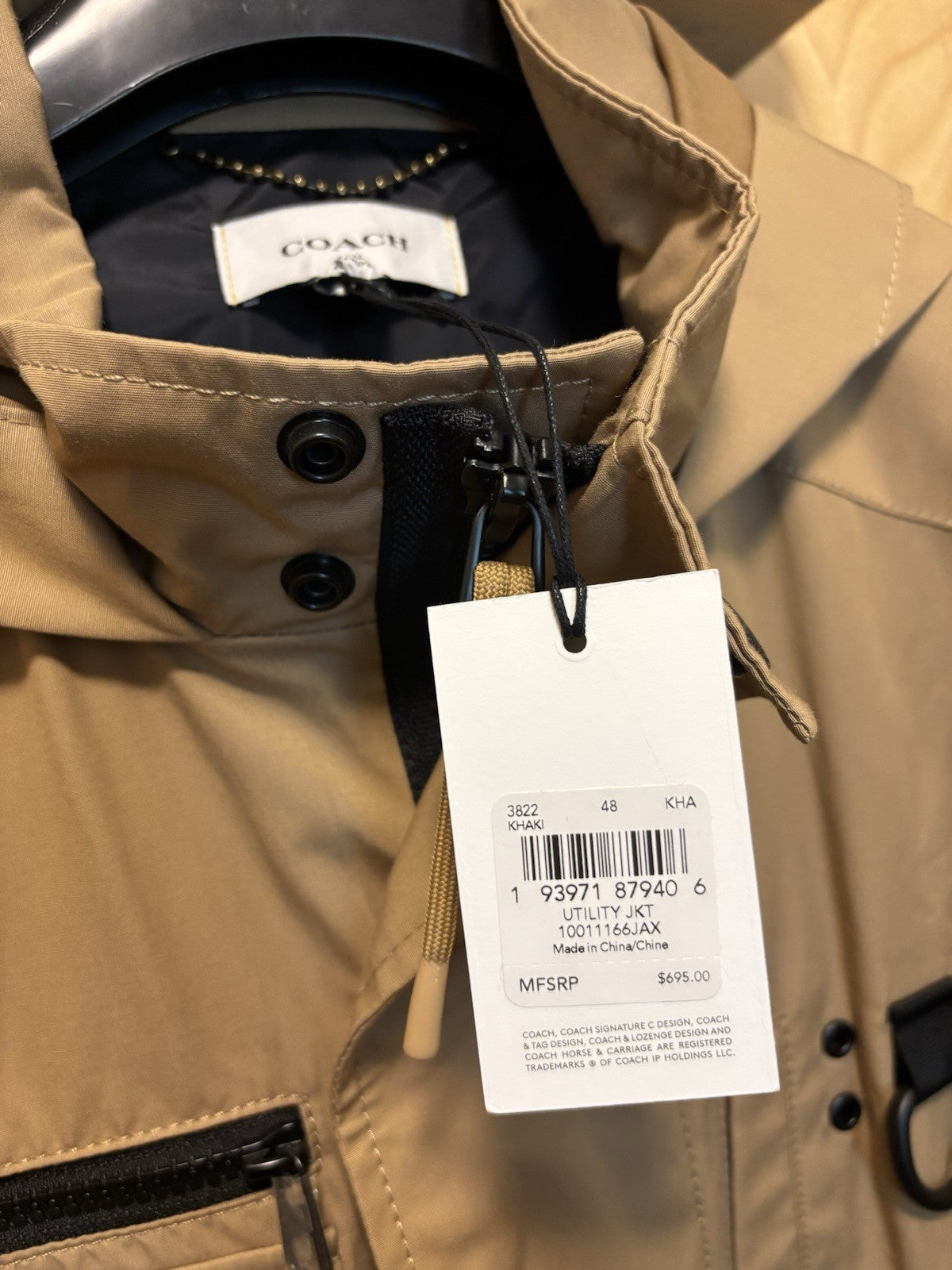 COACH Utility Jacket Khaki Tan Hooded Field Coat Leather Trim Pocket (org $695)