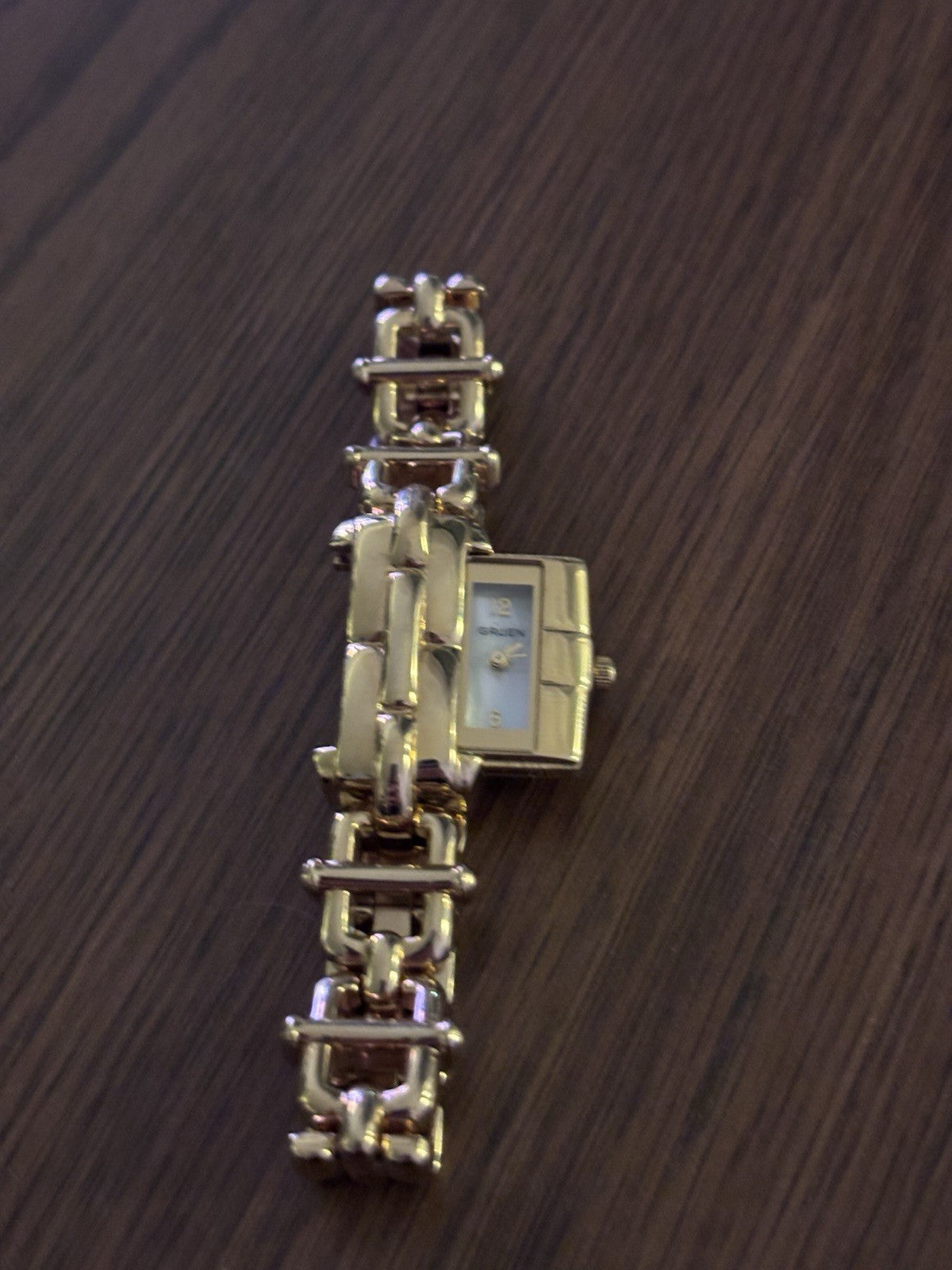 GRUEN Vintage Gold Tone Peekaboo Hidden Face Pearl Dial Slide Out Bracelet Watch